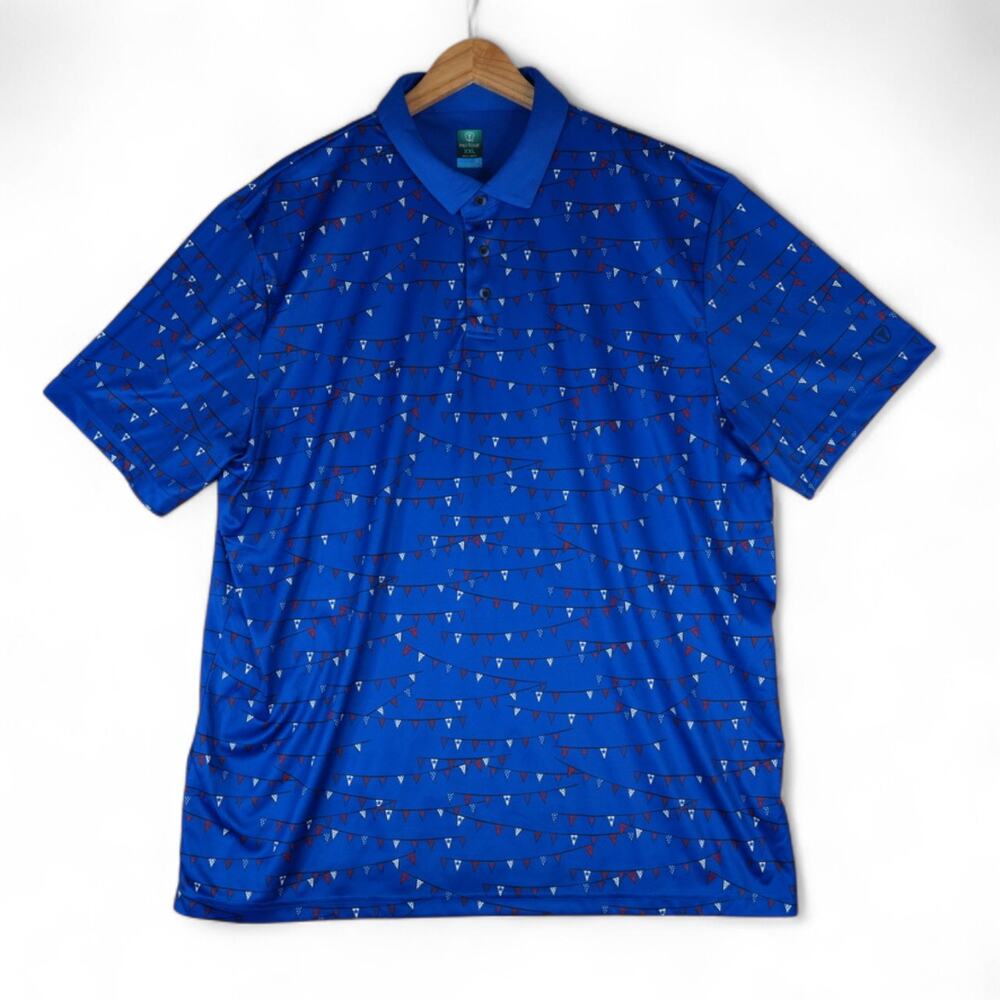 Pro Tour Polo Mens XXL Blue Flags Print Coolplay‎ Performance Golf Short Sleeve